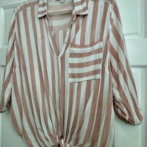 Vixbe Striped Button Front Top XL Blush Cream Tie Front 3/4 Sleeve Oversized